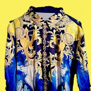Elegant Blue and Gold Medusa Women's Blouse with Greek Key Accents